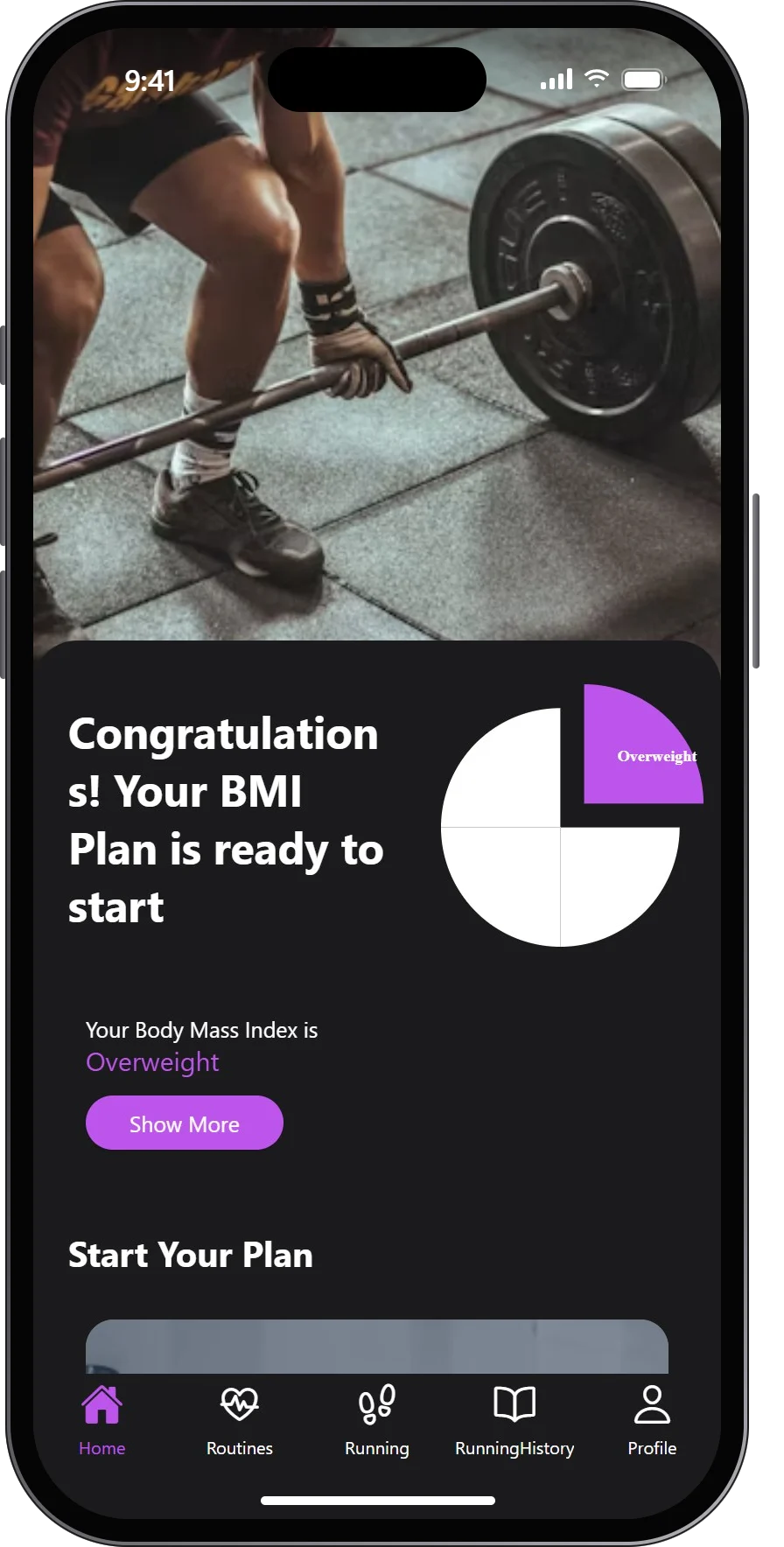 Fitness-SIN home with the user's BMI category and plan