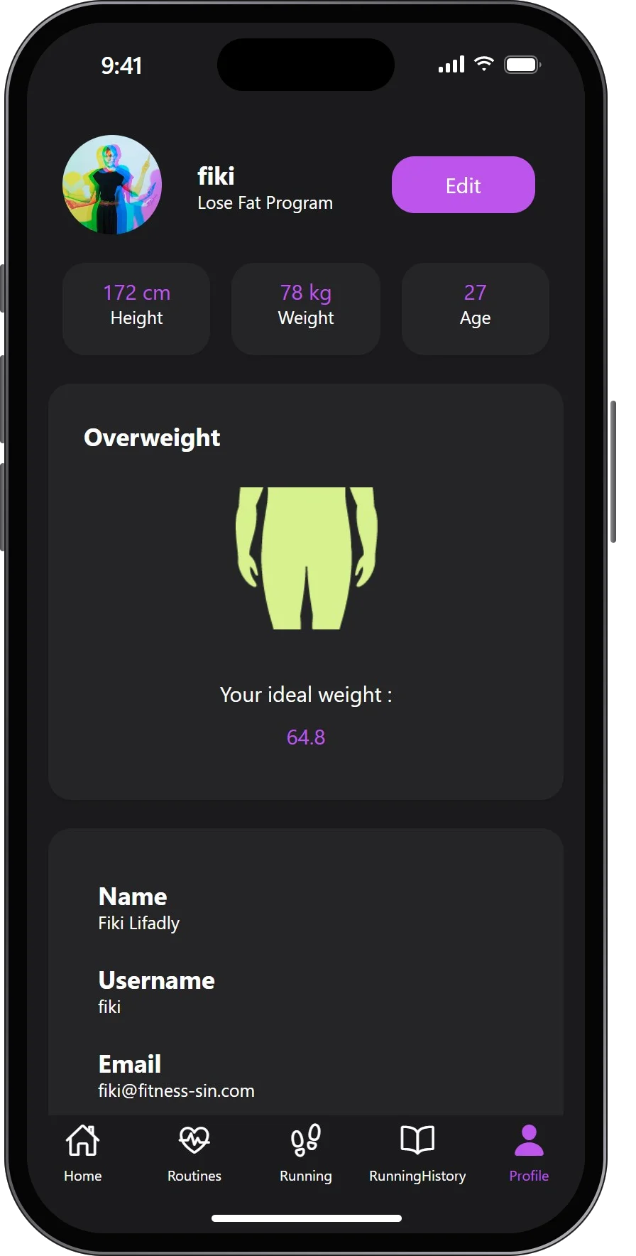 Profile with height, weight, age, BMI category and ideal weight
