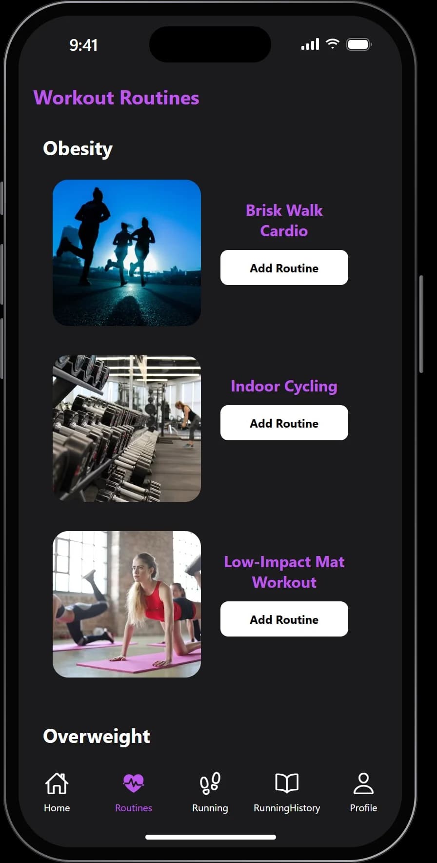 Workout routines grouped by BMI category