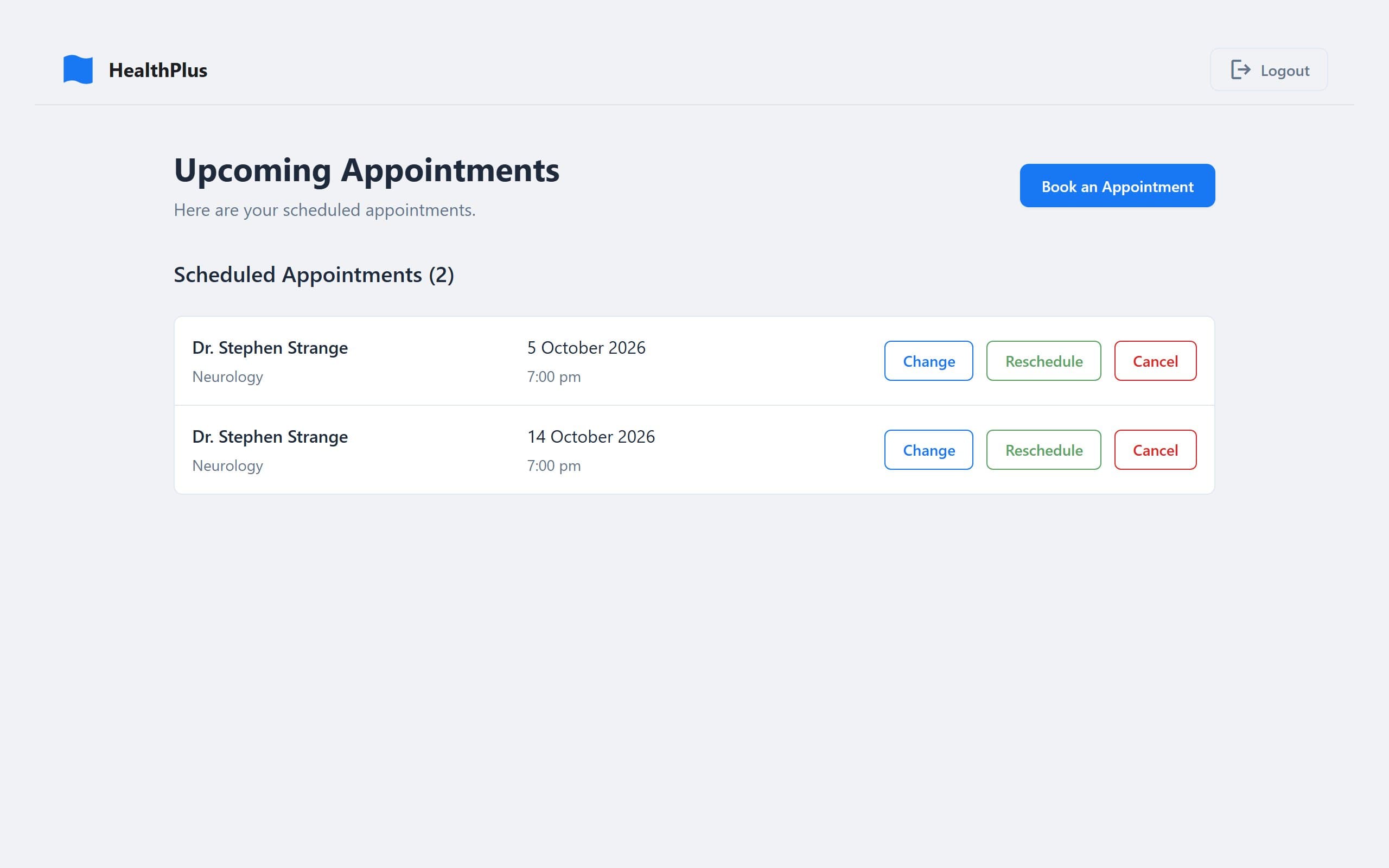 HealthPlus upcoming appointments with change, reschedule and cancel actions