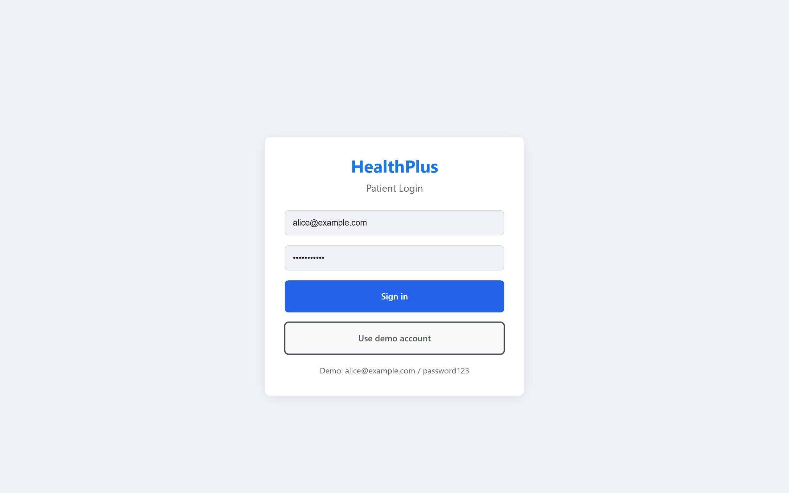HealthPlus login with one-click demo account