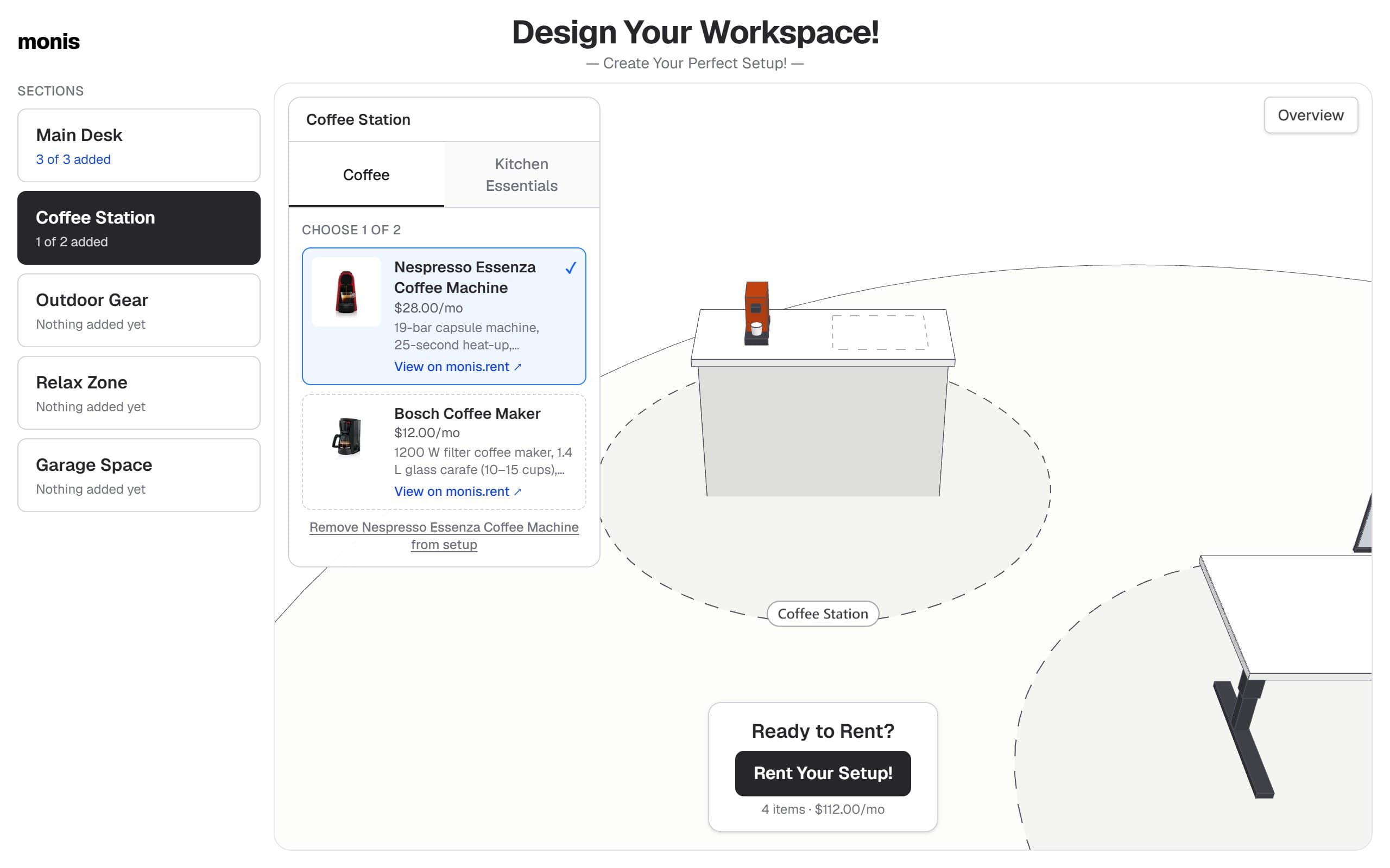 3D workspace with a chair, desk, monitor and coffee machine placed on the platform
